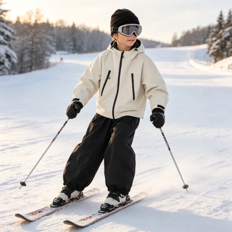 2026 New Winter Kids Skiing Suits Waterproof Breathable Solid Warm Windproof Ski Sets Hooded Loose Children Solid Snowboard Set