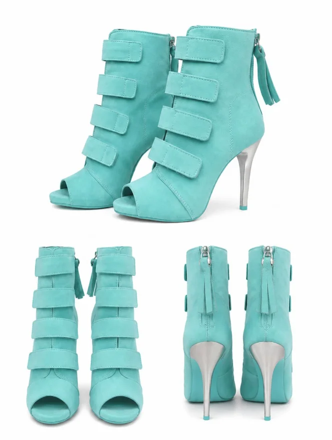 Baby Blue Suede Buckled Peep Toe Ankle Boots Summer Women's sexy High Heels Zipper Booties Luxury Designer Plus Size Shoes