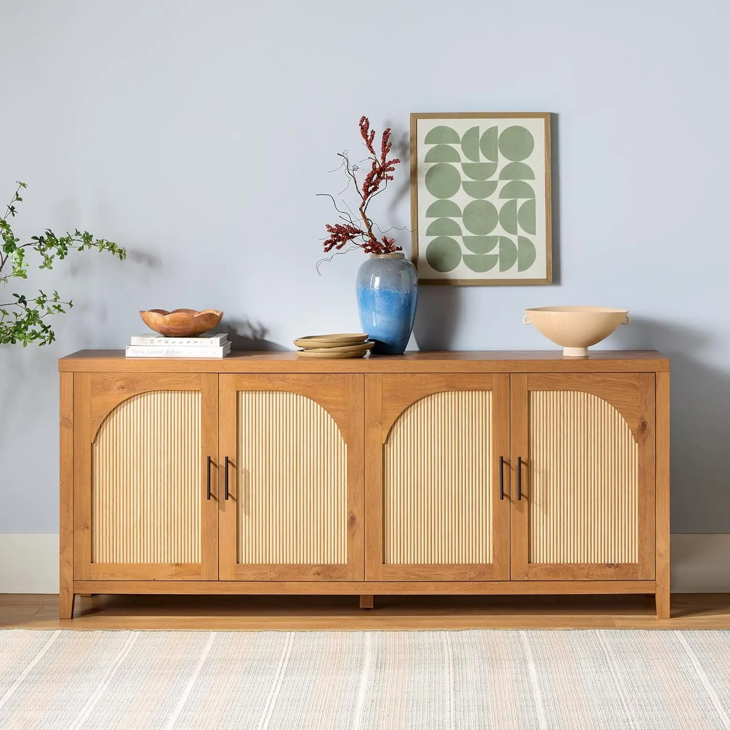 70 Inch Reeded Sideboard Buffet with 4 Doors & Cord Management, English Oak, Customized