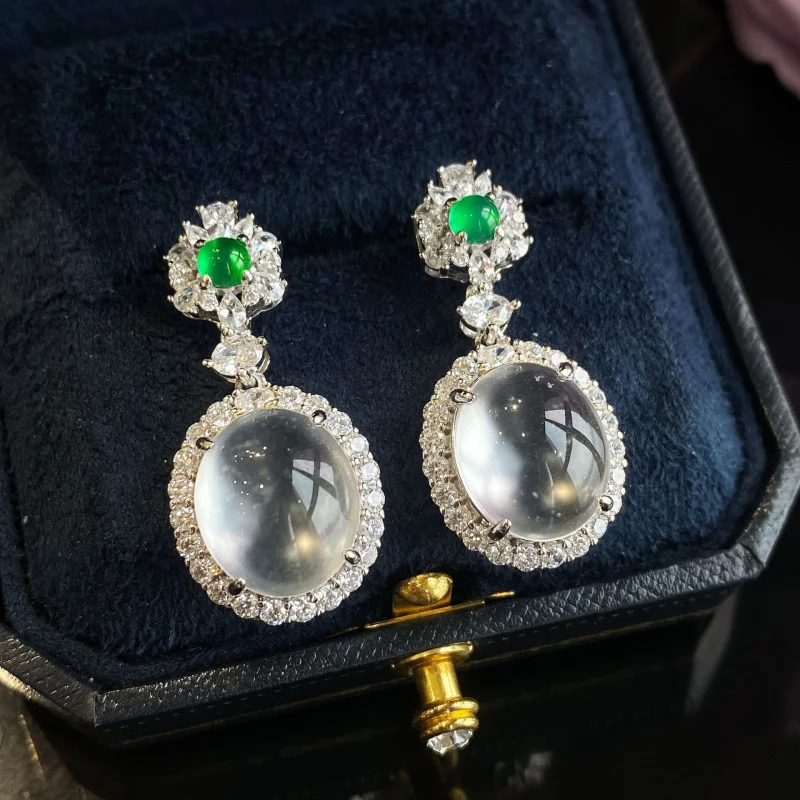 

Женские серьги из натурального ледяного прозрачного серого агата и зеленого халцедона, сравниваемые с нефритовым овальным кабошоном, элитные Elega