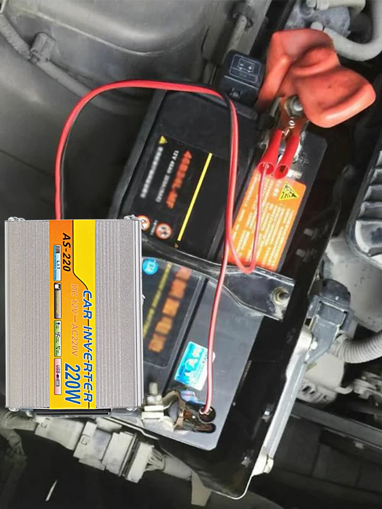 DC 12V zu AC 220V 220W Stromwandler mit USB-Anschluss, Batterieklemme, USB-Spannungstransformator, tragbarer, fahrzeugmontierter Solar-Wechselrichter – Detail 10