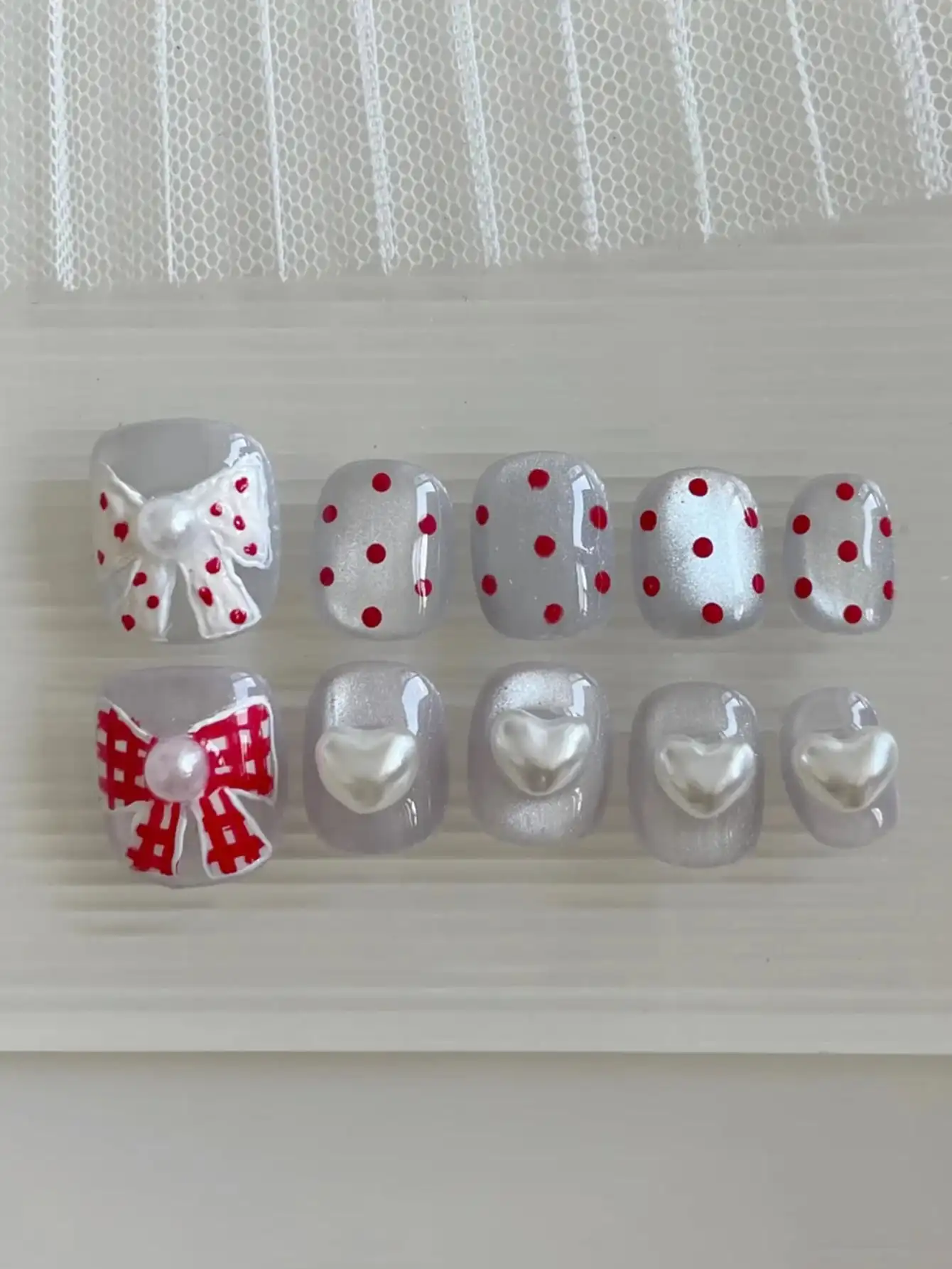 10-Piece Set of Short Square Round Bowknot 3D Pearl Heart Sweet Cute Handmade Fake Nail Stickers