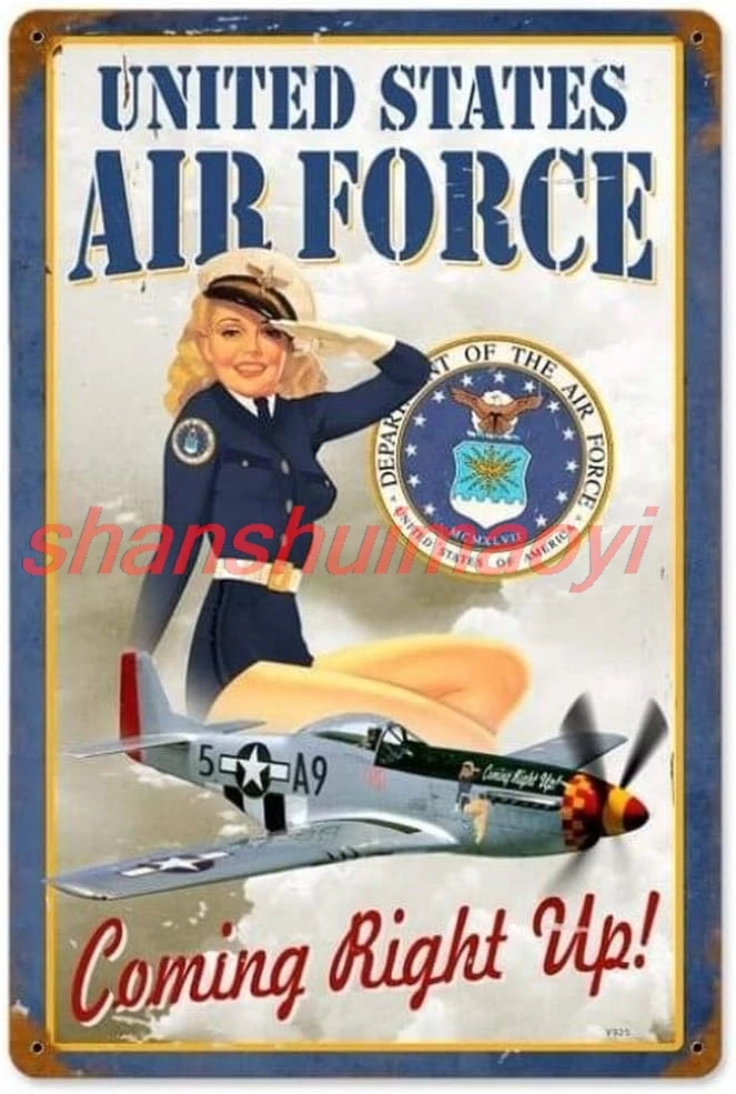 US Air Force Girl Pin-Up Girl Tin Sign with Rustic Retroative Sings for Cafe Home 8 x 12 Inches Metal Signs for Laundry Room Gym