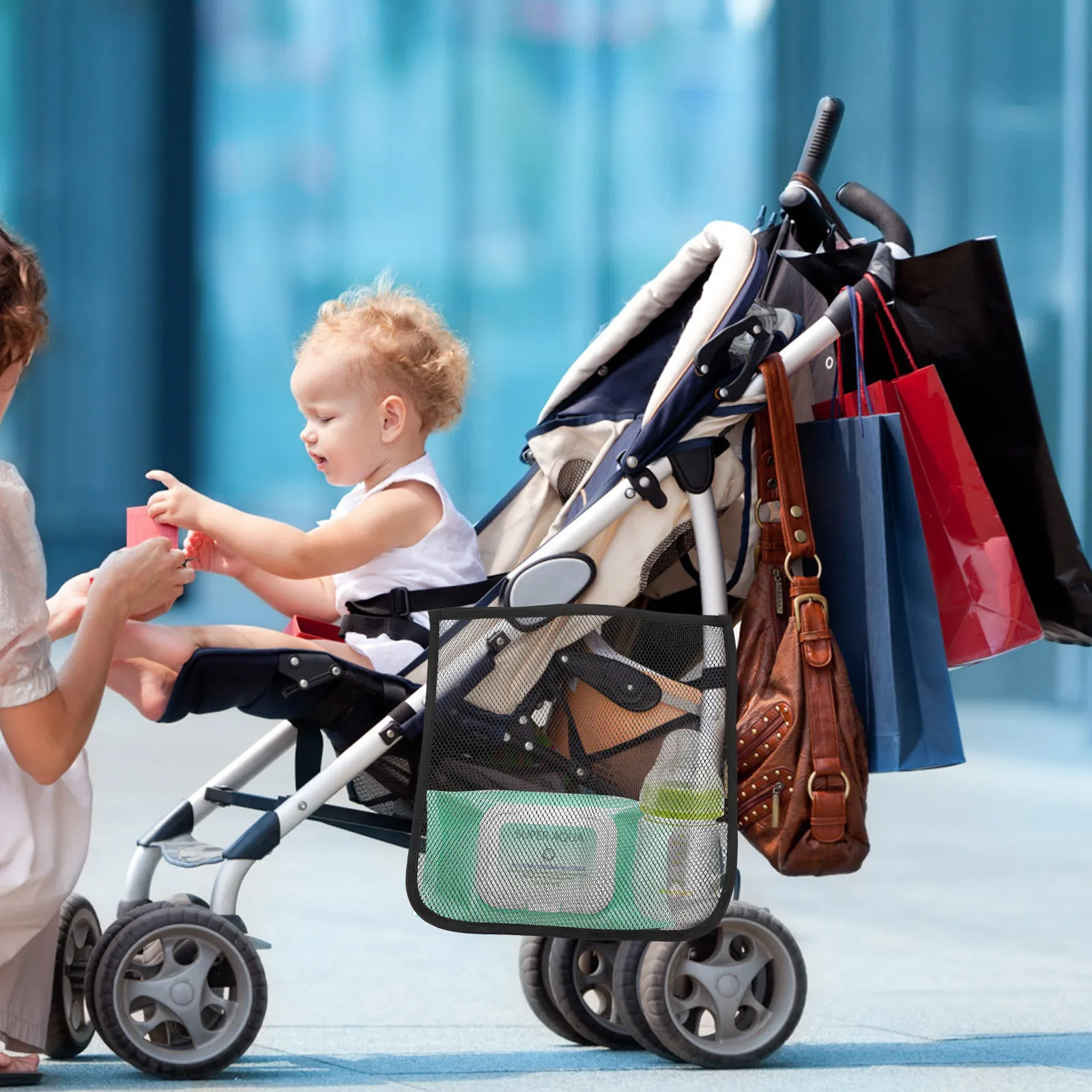 

Stroller Hanging Organizer Net with Large Capacity Diaper Pouch for Bottle Storage Portable Travel Essential Stroller
