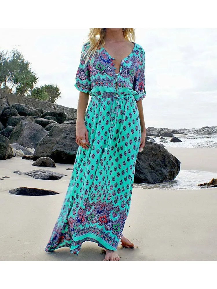 

Women Summer Bohemian Beach Long Dress Vintage Print Casual V Neck Three Quarter Sleeve Vacation Shirt Maxi Dresses