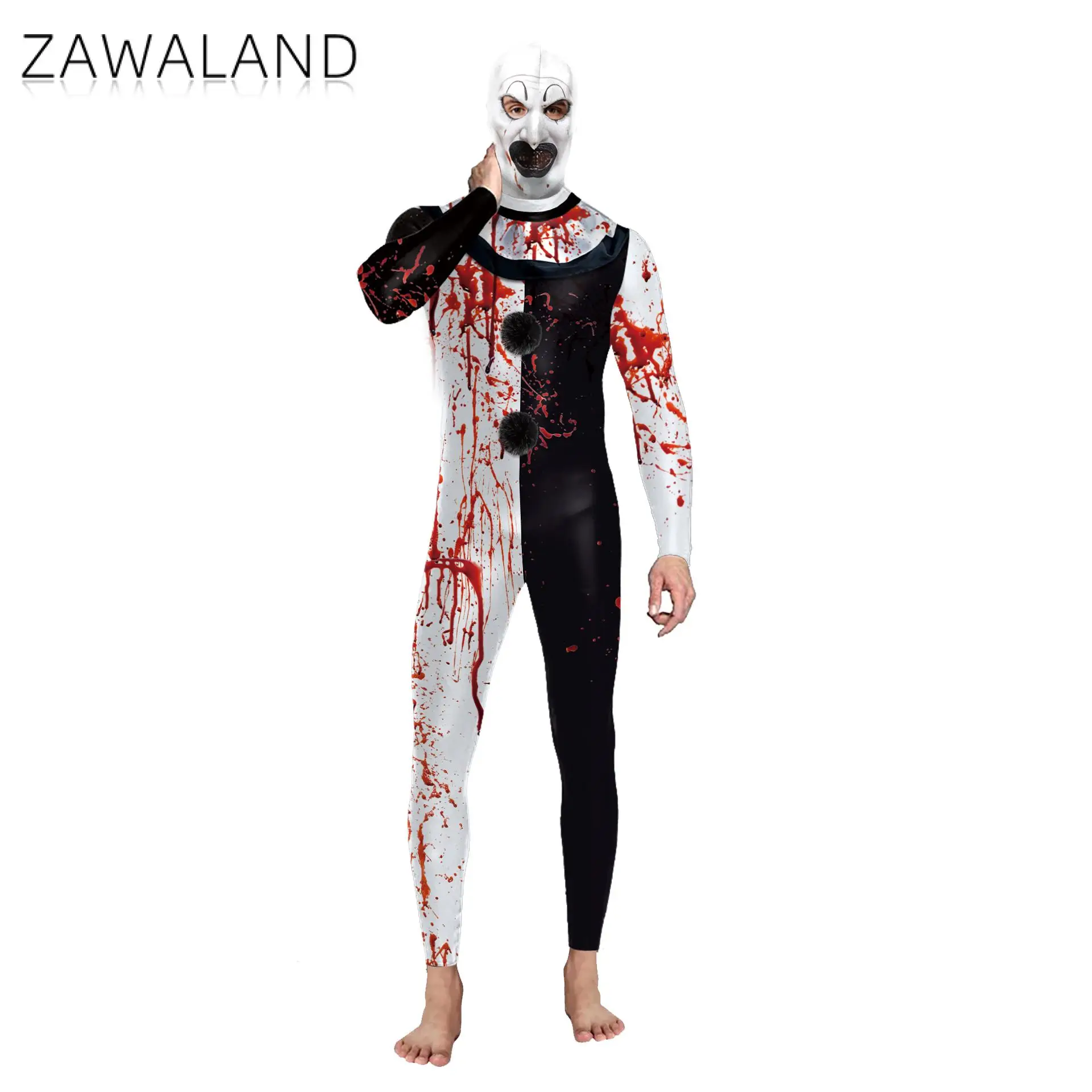 Zawaland Halloween Vrouw Man Bloedige Clown Hood Cosplay Kostuum Fancy Zentai Bodysuit Carnaval Jumpsuit Vakantie Feestkleding