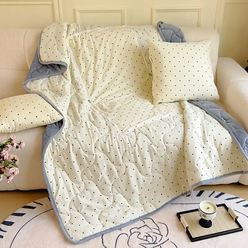 Cream Polka Dot Convertible Pillow Blanket, Soft Quilted Throw with Zipper, Dual-use Cushion for Home Sofa Bed, Lightweight