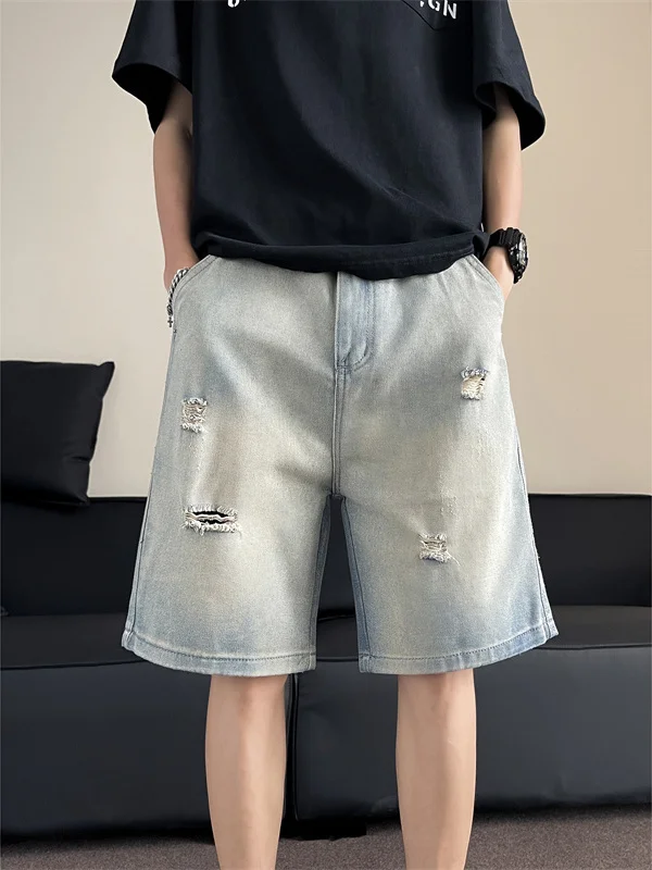 

Летние тонкие мужские джинсовые шорты-бриджи в американском ретро-стиле, свободные, с дырками, модные, повседневные, средней длины