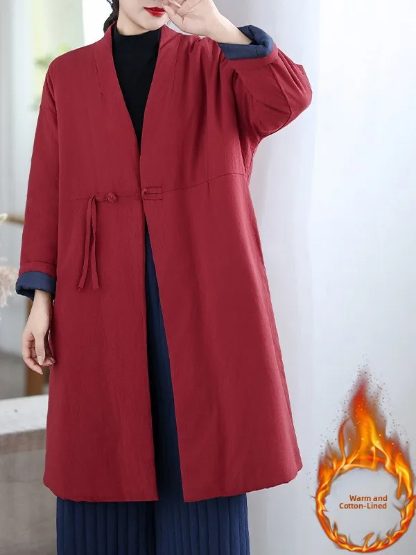 

New Chinese Style V-neck Midi Loose Cotton Jacket Women's Fashion Retro Atmosphere Tailor-made National Trend Commute