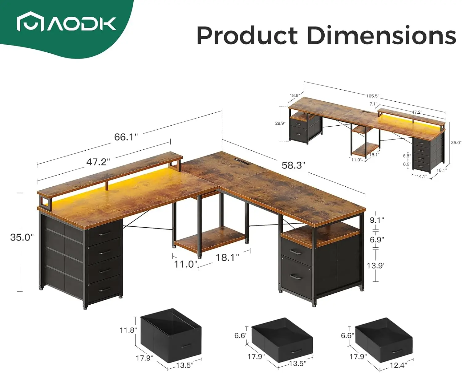 AODK-L Shaped Desk do computador com LED, Home Office Desk reversível, armário de arquivos, 4 gavetas de tecido, 2 pessoas, 105"