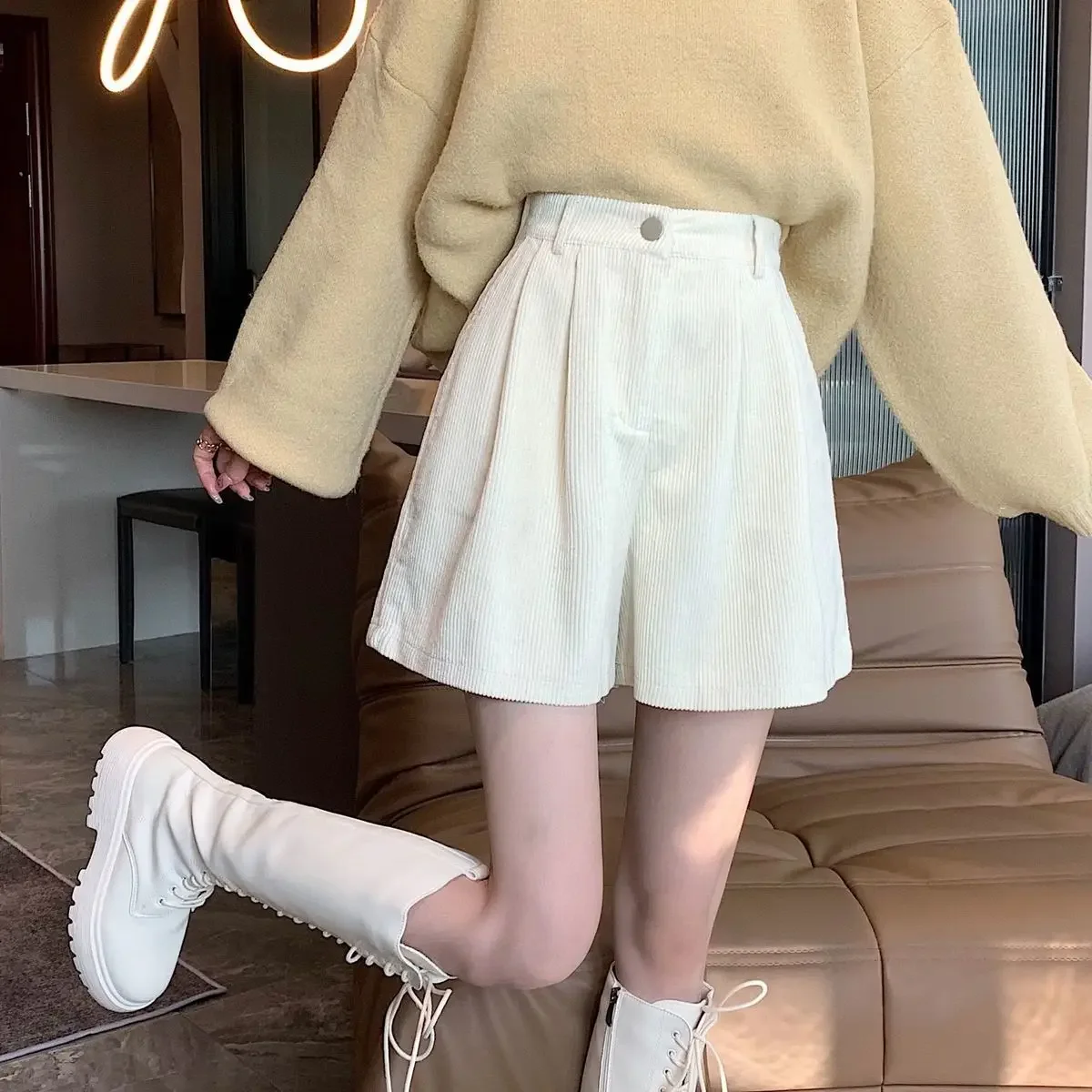 Corduroy Wide Leg Shorts Women High Waist Spring Autumn Vintage Stylish Harajuku Lovely Girls Streetwear Loose All-match College