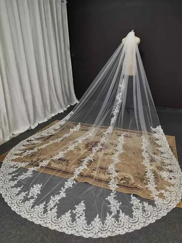 Imagen 1 del producto Velo De novia De encaje largo personalizado con peine velo De novia Blanco/Marfil De una sola capa velo De cabeza De 3,5 metros De largo Velo De Novias
