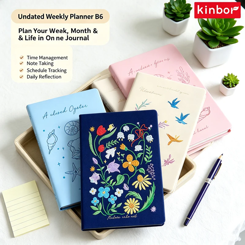 Kinbor Undated Weekly Layout B6 Planner,Original Embroidered Hard Cover&80gsm Smooth Paper Journal Work&Life Schedule Notebooks