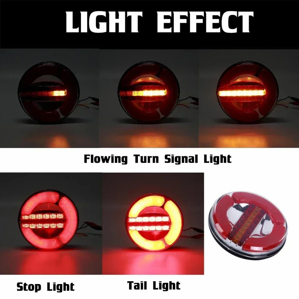 1/2/4pcs 12V 24V Round Dynamic LED Truck Trailer Tail Light DRL Flow Running Trun Signal Rear Brake Stop Lamp Caravan Tractor