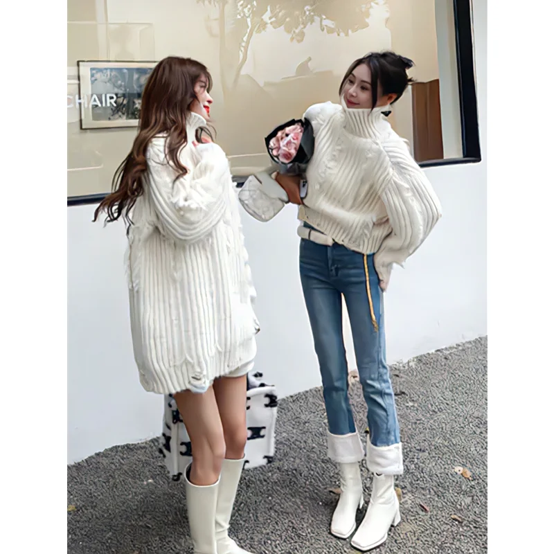 Women 2022 New Style Sense of Design Fried Dough Twist High Collar Sweater Temperament Versatile Comfortable Knitted Top Autumn