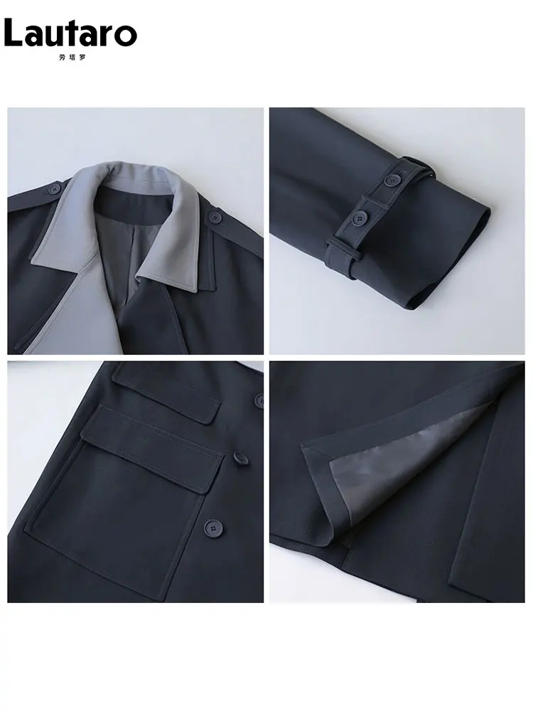 Lautaro Spring Autumn Long Patchwork Trench Coat for Women Elegant Chic Luxury Designer Fake 2 Pieces Clothes Runway Fashion view 4