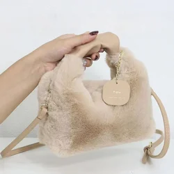 Women Faux Fur Plush Handbags Ruched Handle Small Lady Shoulder Crossbody Bag Casual Tote Half-Moon Hobos Winter