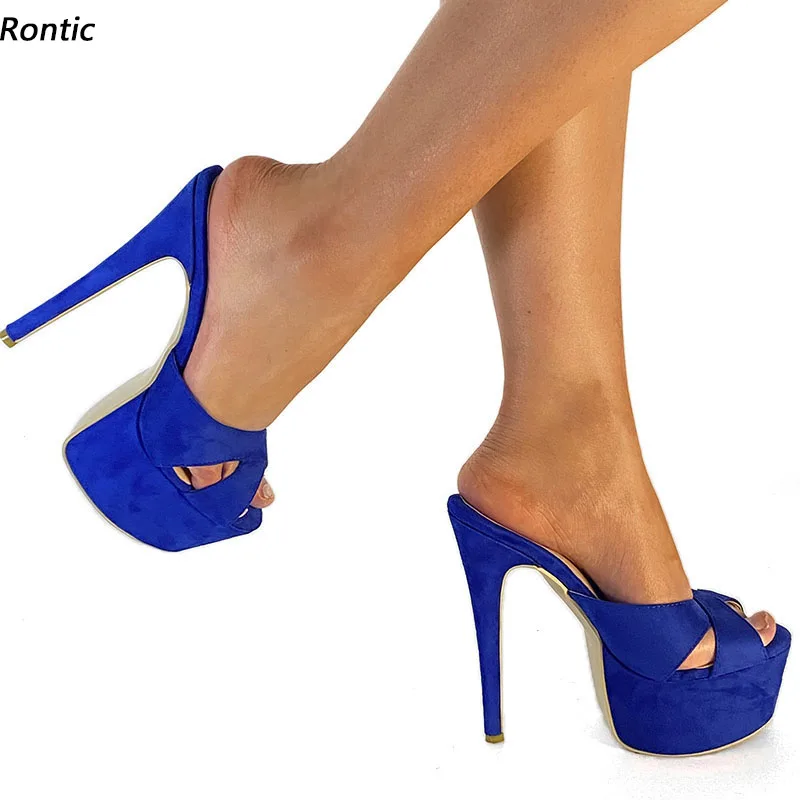 Rontic New Women Platform Mules Sandals Slippers Faux Sudede Stiletto Heels Open Toe Gorgeous 10 Colors Party Shoes US Size 5-20