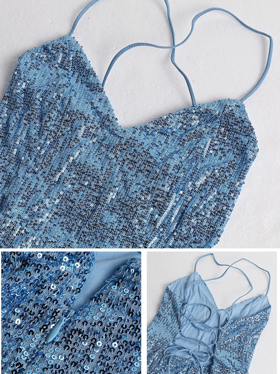 Missord Shiny paillettes Spaghetti Strap Backless Split abiti da sera Cocktail Party Sexy Maxi Dress da sala da ballo