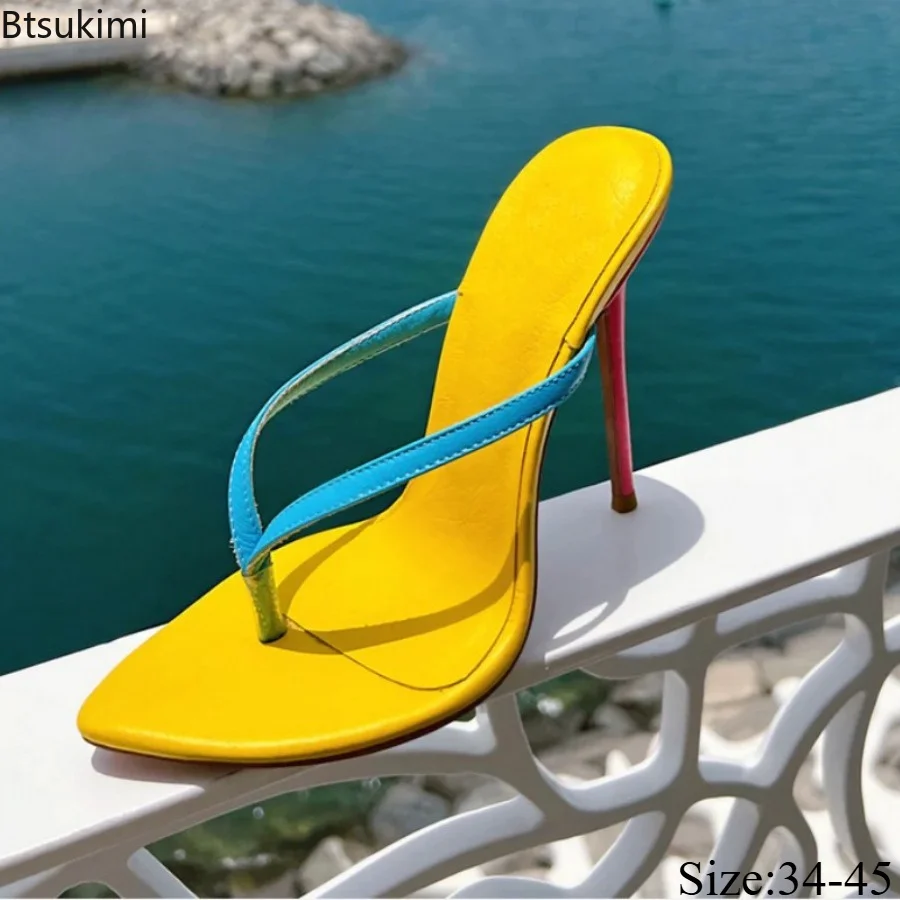 Women's Pointed Toe Thong Stiletto Heel Mule Slippers Color Block Splicing Sexy Summer Fashion Sandals Beach Party Dress Shoes