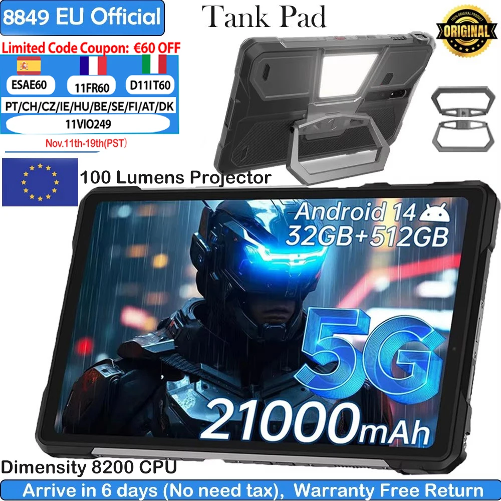 8849 Tank Pad Unihertz tablette robuste avec projecteur 21000mAh 5G Android 14 32GB 512GB (2 to étendre) dimension 8200 10.95 pouces