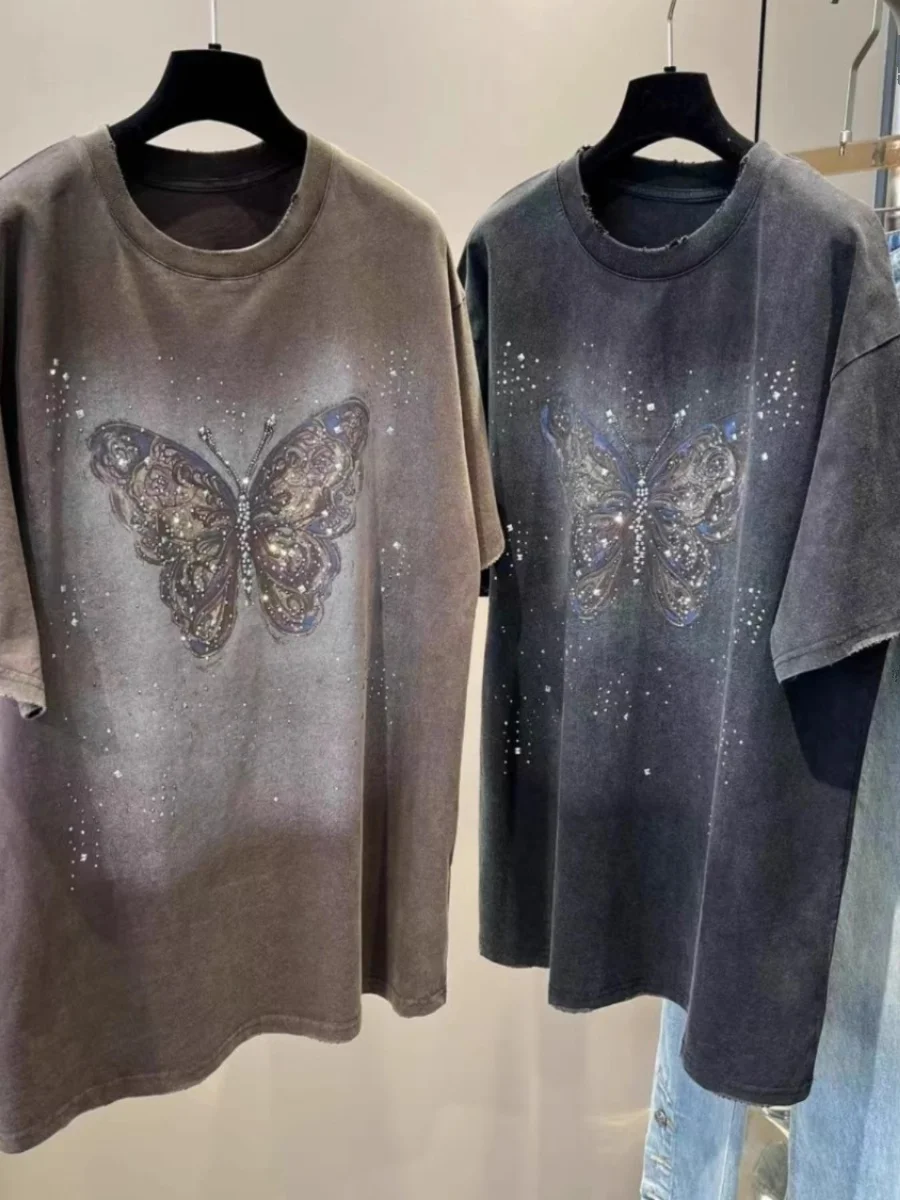 Retro lavado strass camiseta verão feminino em torno do pescoço manga curta oversize t moda feminina topos soltos