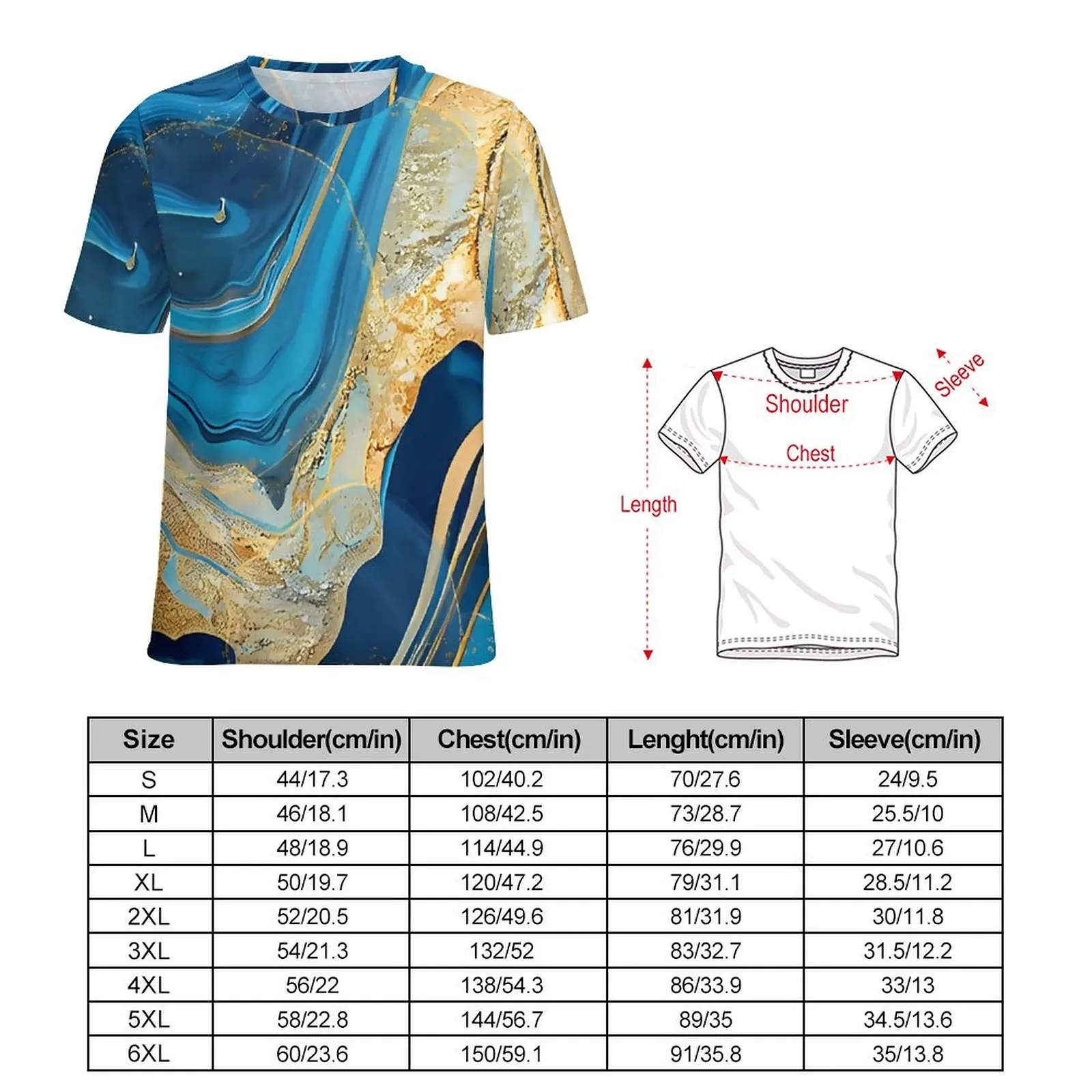 Oversize T-Shirt Summer Blue And Gold Marble Print T-Shirts  Funny Crewneck Tee Shirt Male Harajuku Graphic Tops