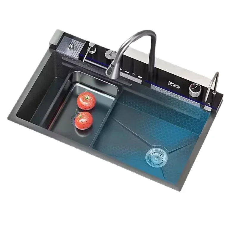 Large Single Slot Multifunction Sink Anti-Scratch LED Digital Display Waterfall Kitchen Sink With Cup Washer and soap dispenser