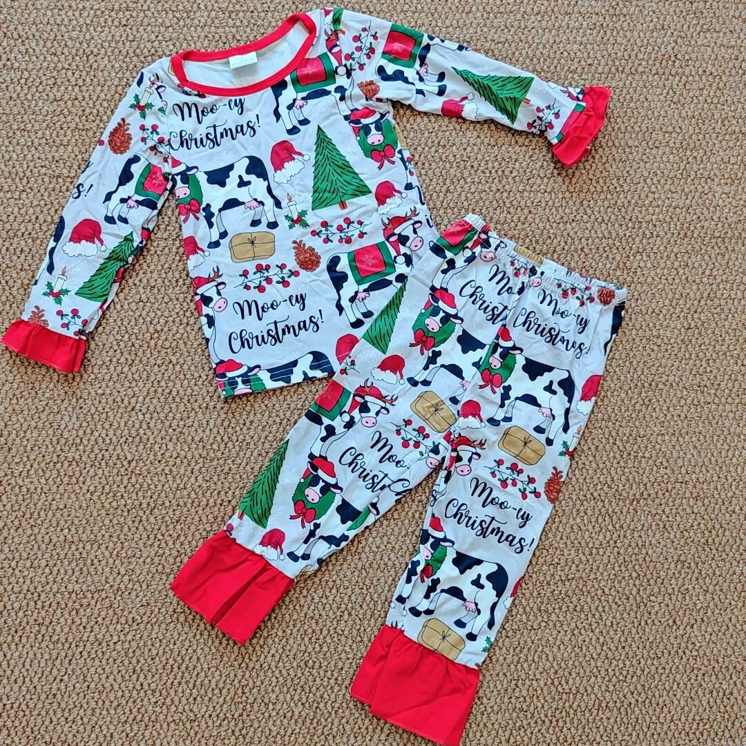 

9.16 Autumn Wholesale Western Boutique children Baby Girls Christmas Cows Tops Pants Pajamas Clothes Sets