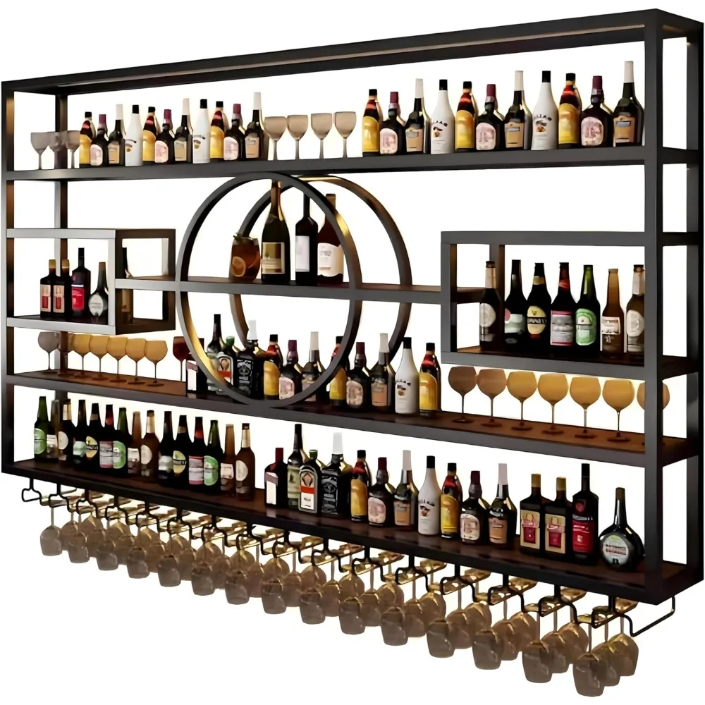 Wall mounted wine rack, large capacity wine bottle display rack, 4-storey industrial bar storage rack with 14 glass cup holders