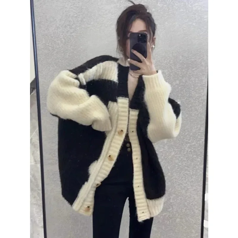 V-neck Cardigan for Women Korean Fashion New Knit Oversize Sweaters Long Sleeve Patchwork Jumper Female Fall Vintage Loose