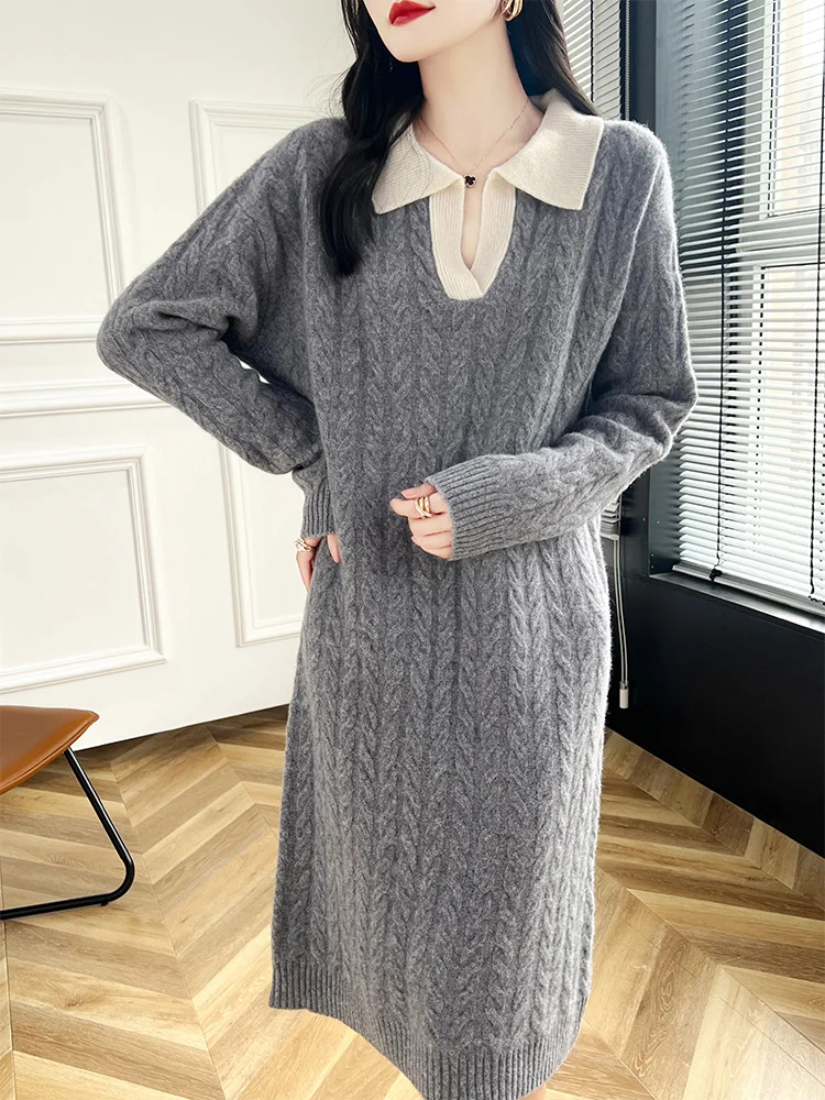 

Women's Wool Sweater Dress Twist Flower Pullover V-neck Cashmere 100% Merino Wool Knitwear Cozy Long Sleeve Skirts Autumn Winter