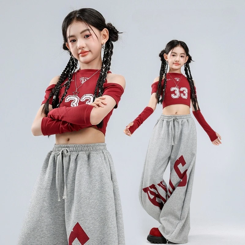 

Girls Hip Hop Red Crop Top Baggy Pants Cool K-pop Clothes Set Fashion Streetwear Outfit Group Jazz Stage Dance Practice Wear