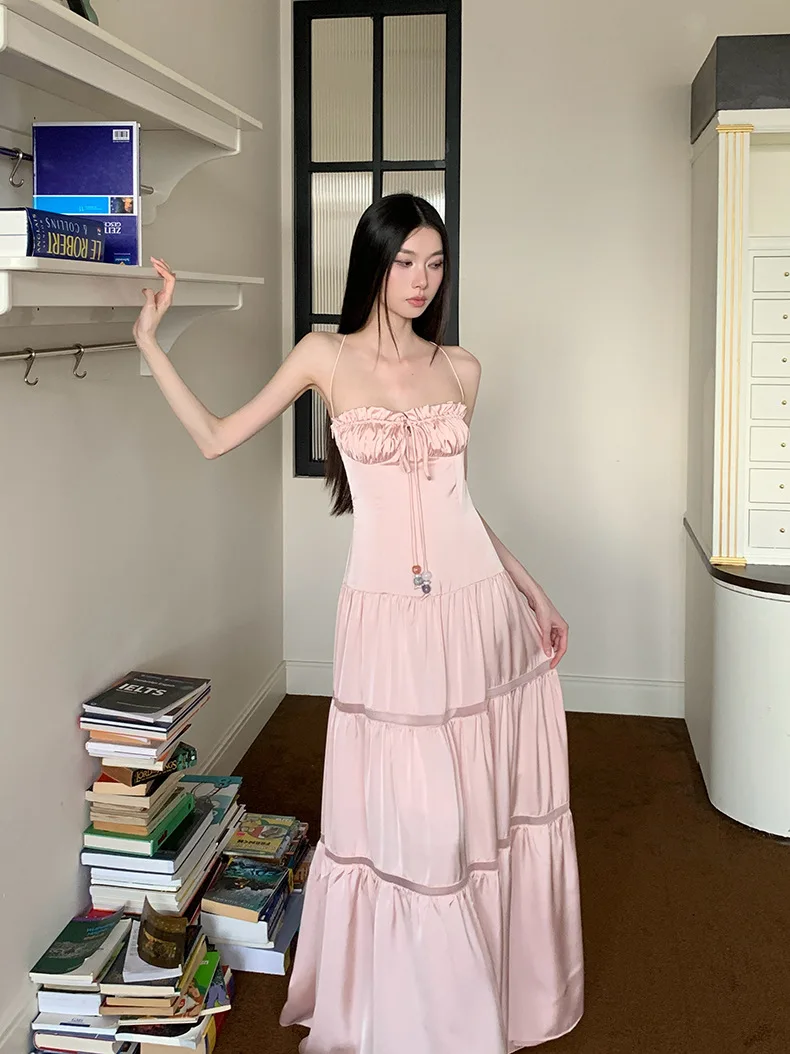 Robe de princesse rétro en Satin rose pour femmes, sans bretelles, à nouer, panneau découpé, coupe cintrée, luxueuse, Style princesse féerique, robe de soirée/gala