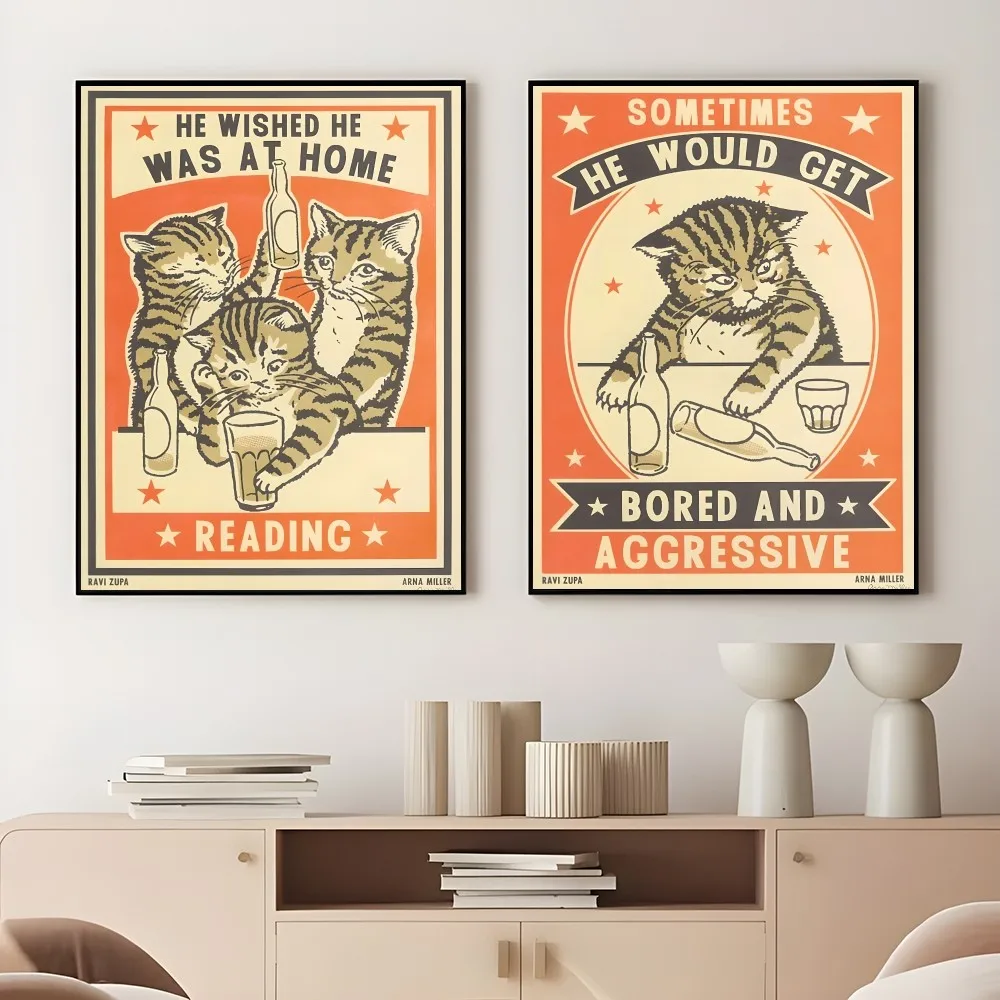 Artisian Drunk Cats Retro Cartoon Retro Poster Sticky Wall Art Printing Waterproof Home Living Bed Room Bar Aesthetic Decor