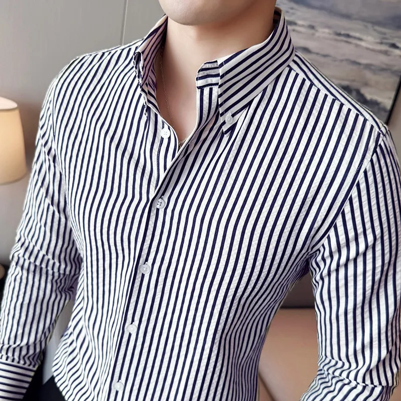 

Spring thin men's vertical striped bubble gauze long sleeved textured pleated casual leather and handsome long shirt