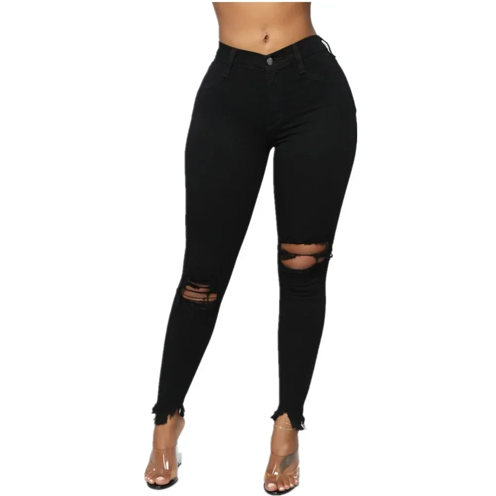 

Hole Jeans Women Denim Pencil Pants Ripped Skinny Stretch High Waist 2025 Washed Distressed Ankle Length Trousers Streetwear