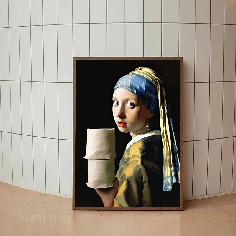 Funny Bathroom Toilet Painting Mona Lisa Wearing Pearls Girl with Roll Paper Canvas Prints Posters For Washroom Home Wall Decor