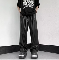 Wide Leg Pu Leather Pants Men and Wome Straight Baggy Casual Jeans Streetwear High Street Loose Straight Solid Color Black Pants