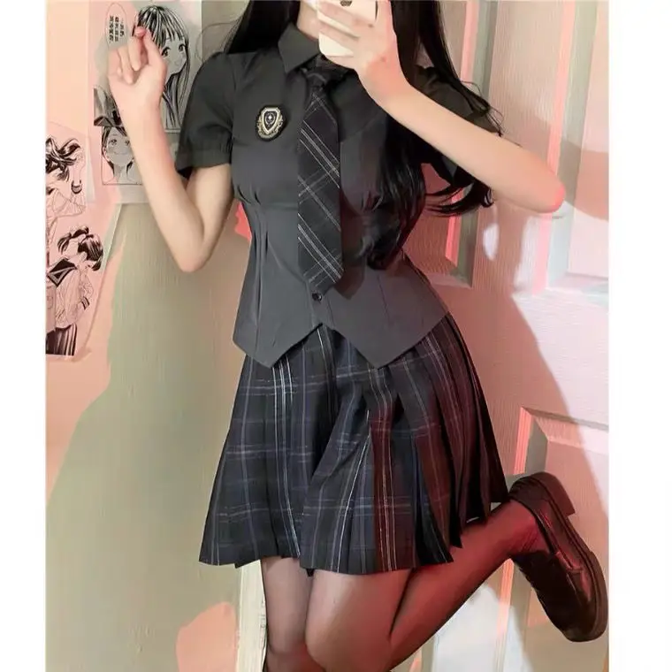 Korea Japan Style Hot Girl School Uniform Women Short Sleeve Blouse Pleated Short Skirt two-piece Set College Style Jk Uniform