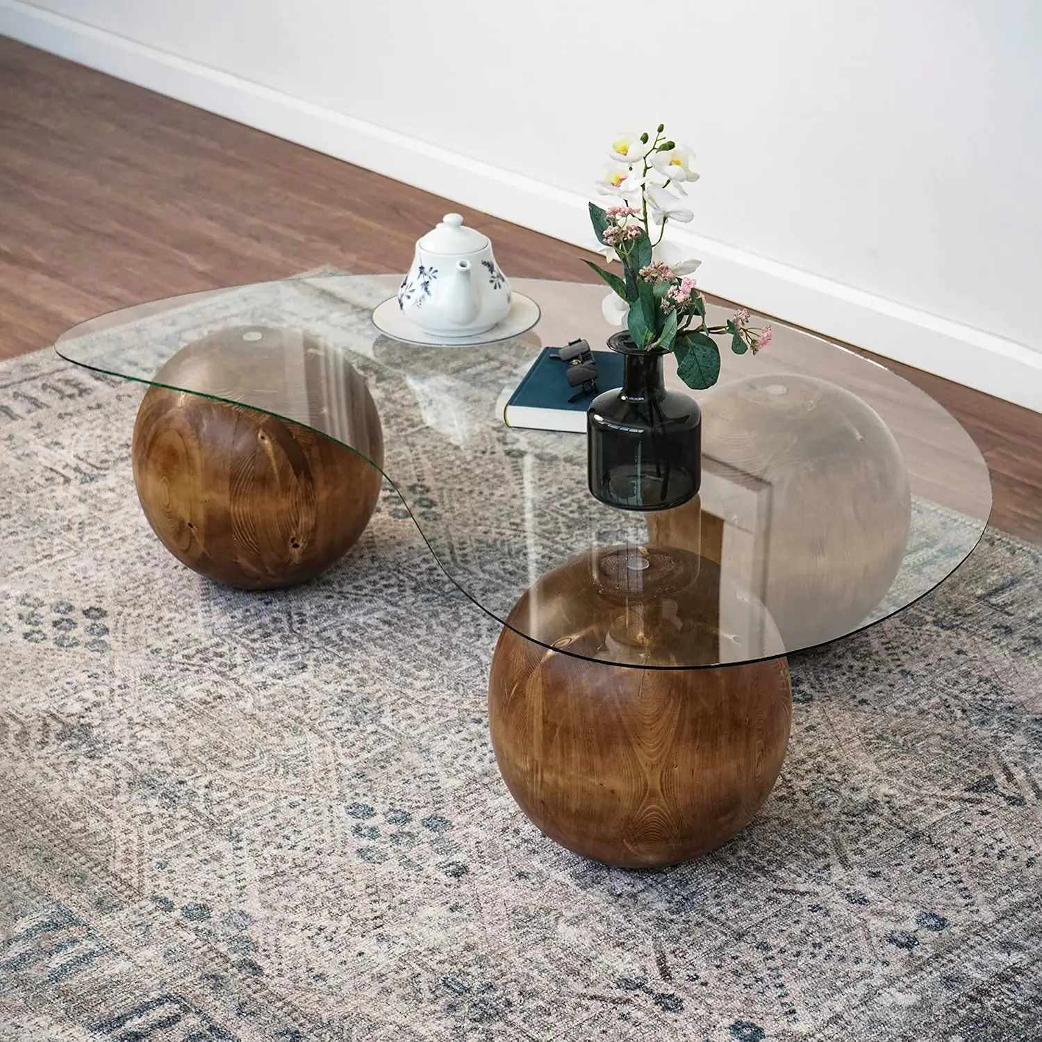 

Glass Coffee Table with Decorative Wooden Balls Living Room Furniture Set 3 Balls, Customized
