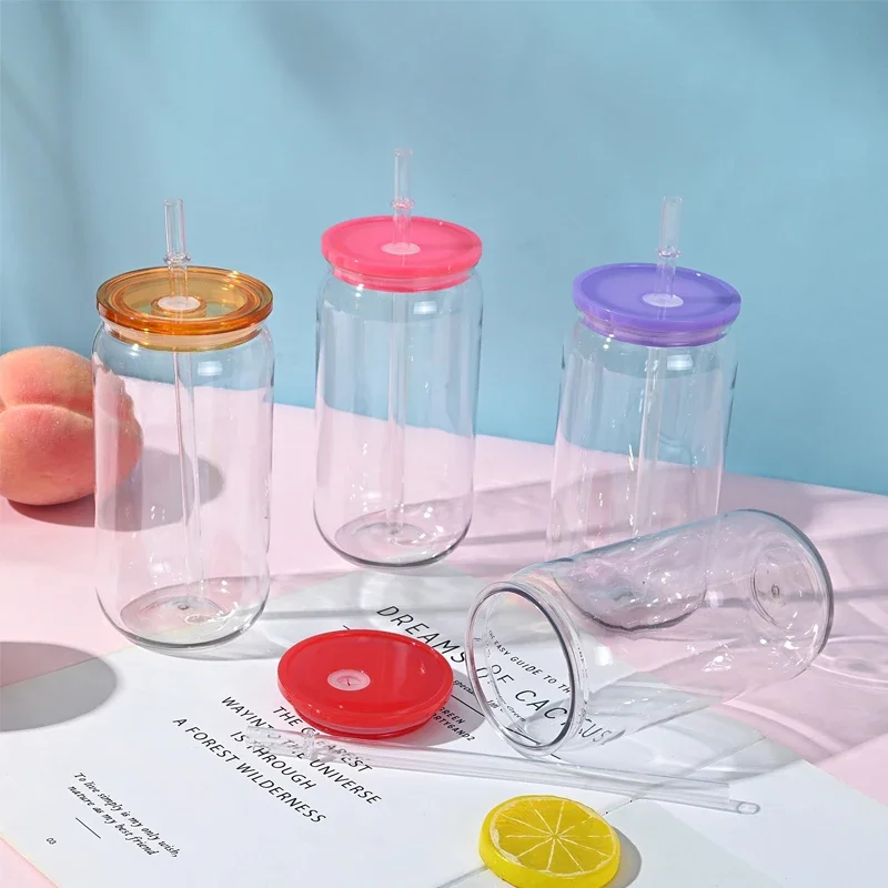Transparent Plastic Straw Cup With Colored Lid Comes With Sreaw And Cup Lid Can Milk Coffee Throw-Proof 450ml