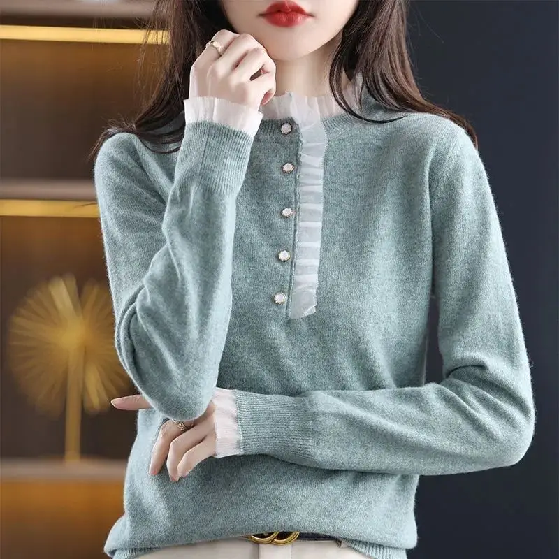 Women Autumn Winter Simplicity Loose Net Yarn Solid Color O-neck Long Sleeve Knitwear Ladies Casual All-match Knitting Tops