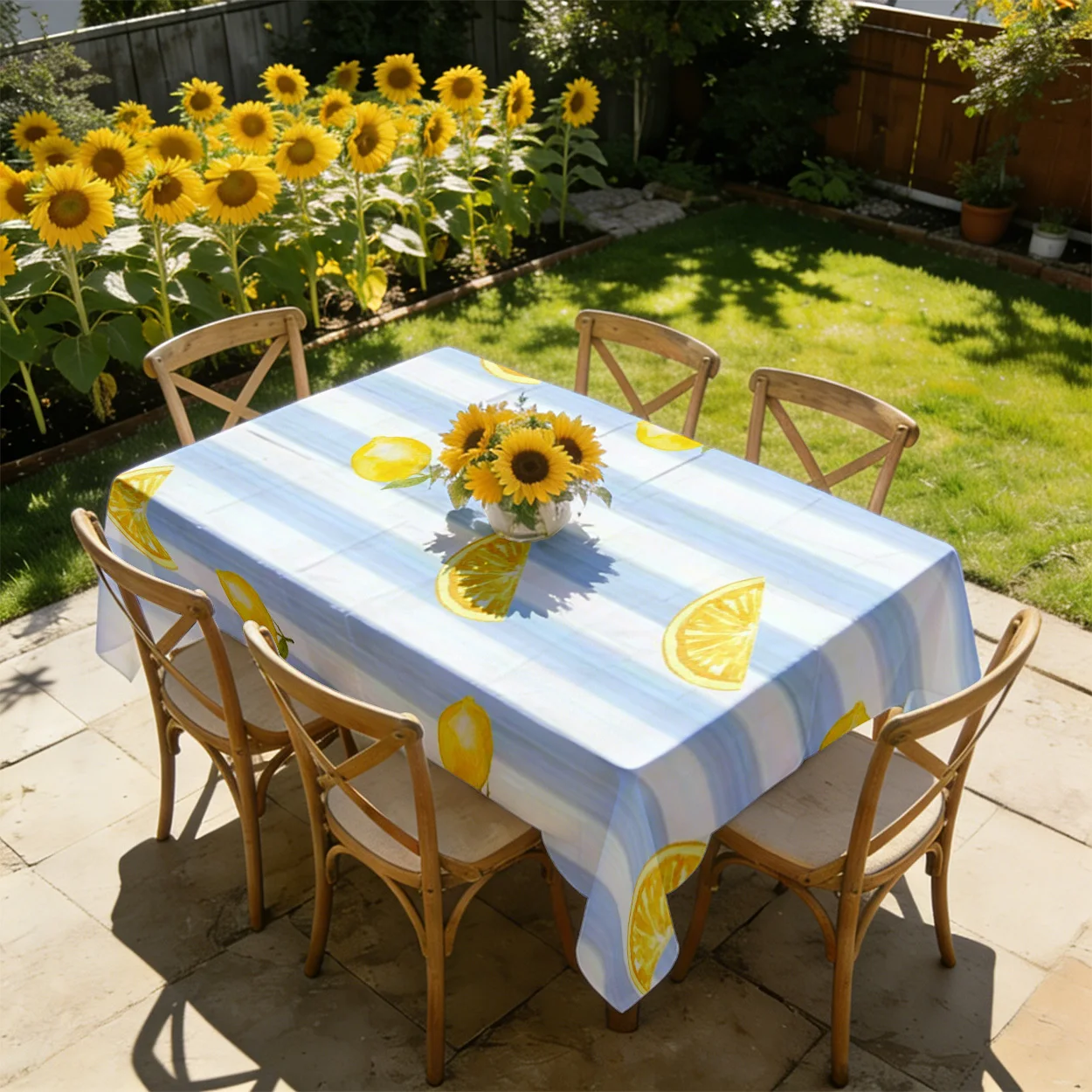 A lemon-themed, blue and white striped, fresh style decoration for a holiday party.