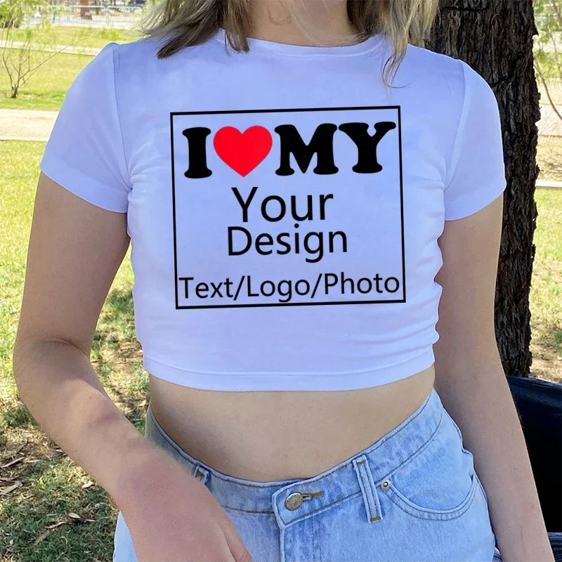 

Женские повседневные укороченные топы I Love Your Logo/Photo DIY Y2k Graphic, футболка на заказ, волшебные гранж топы, уличная одежда, сексуальная облегающая детская футболка