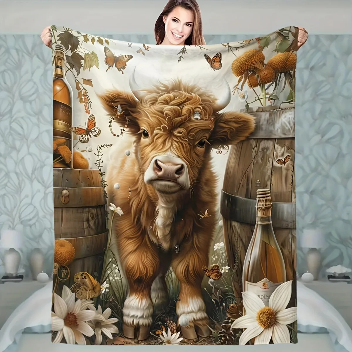 Charming Highland Cow with Flowers and Butterflies Blanket - Soft, Cozy, Stylish Decor for Ultimate Home Comfort and Ideal Gift