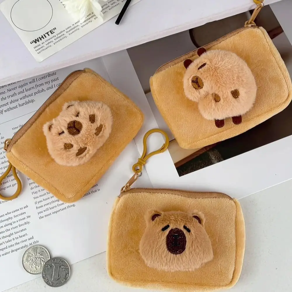 Nouveau porte-monnaie Capybara en peluche avec porte-clés PP coton casque rouge à lèvres sac fermeture éclair petit sac d'argent cadeau