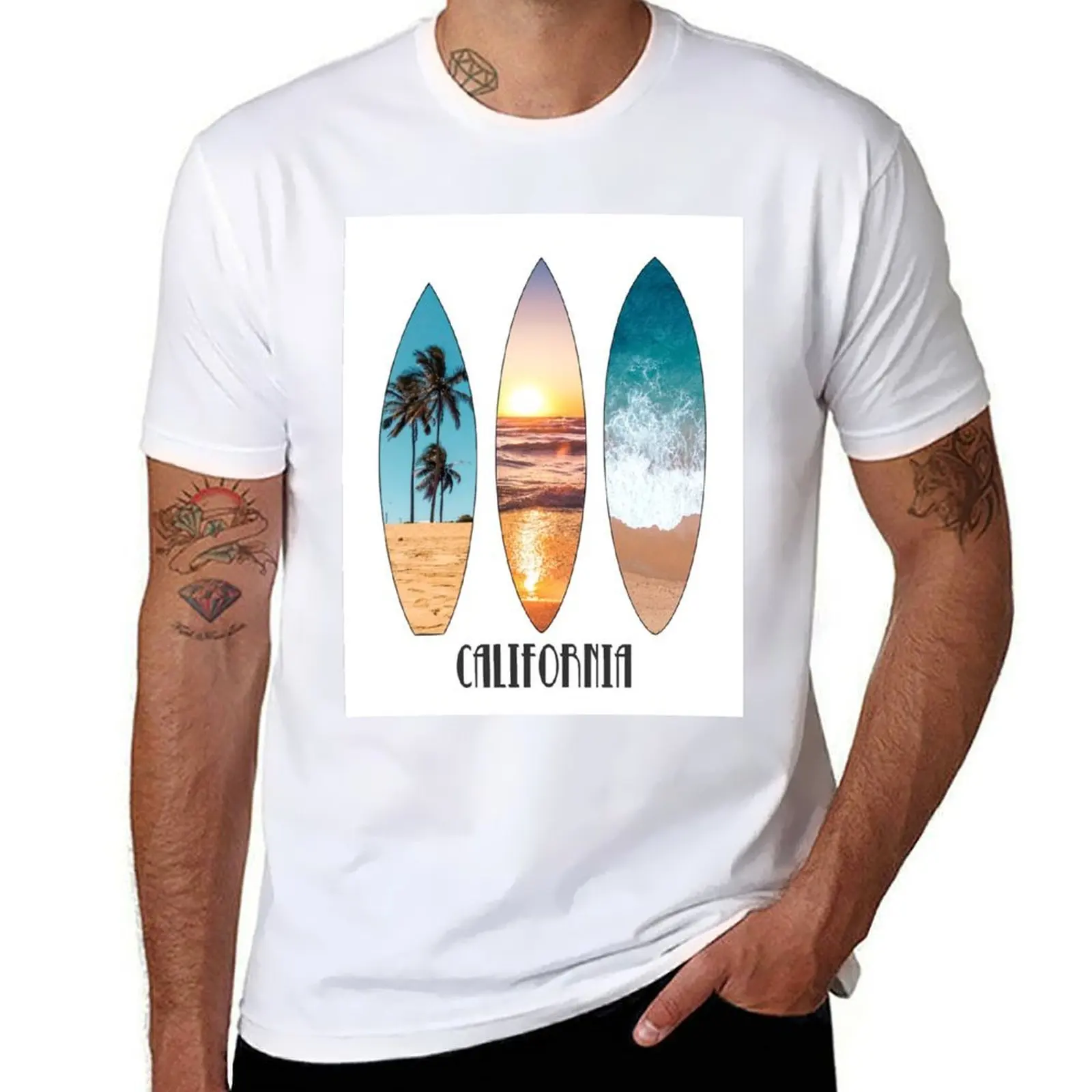 

California Palm Trees Waves and Sun Surfboard Poster T-Shirt t shirts designer t shirts for man cotton funny T-Shirt
