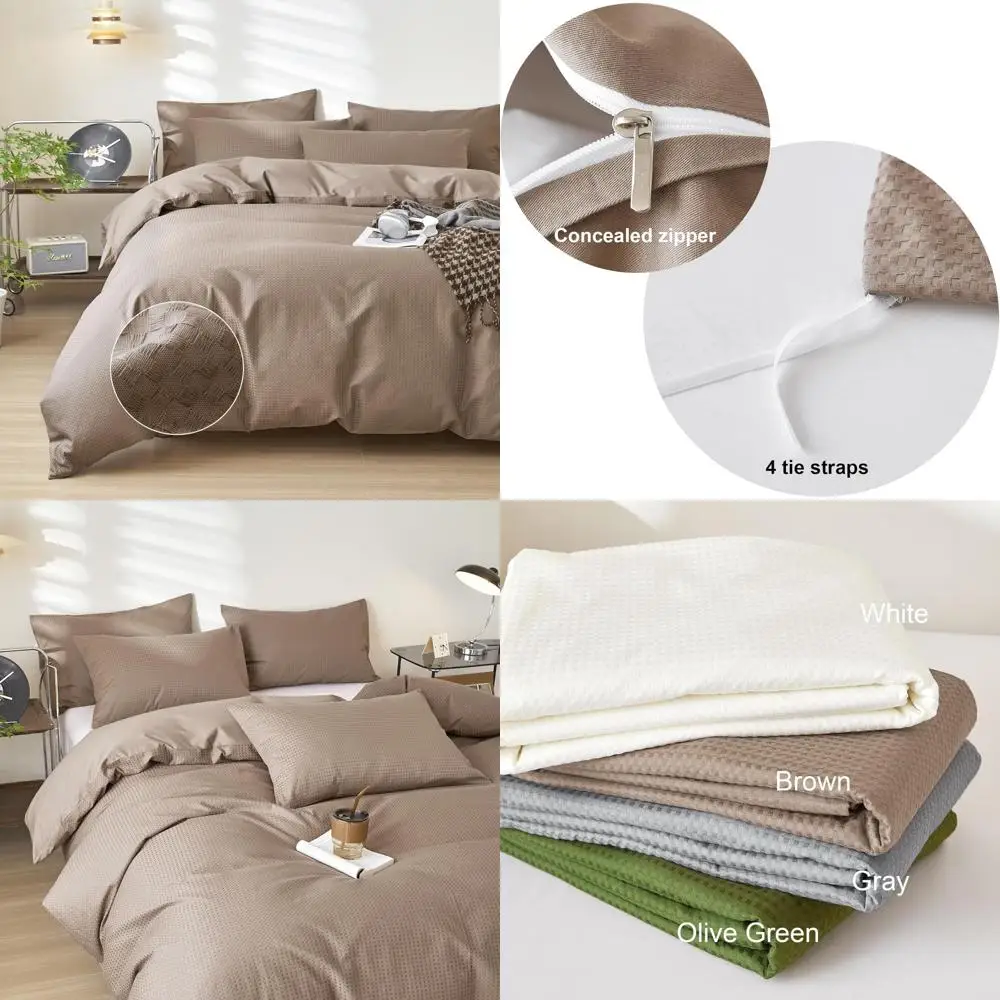 

Queen Size Organic Cotton Waffle Weave Duvet Cover Set, 3-Piece, Brown, 90x90 Inches