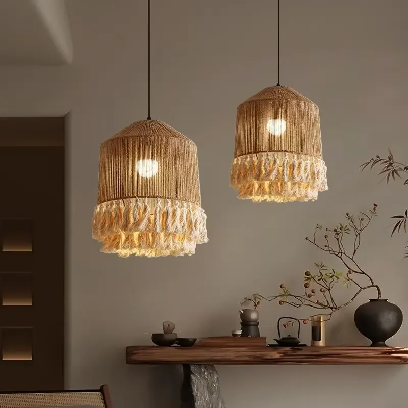 Bohemian Hemp Rope Pendant Lamp Ceiling Hanging Chandelier For Living Room Bedroom Natural Fiber Round Suspension Light